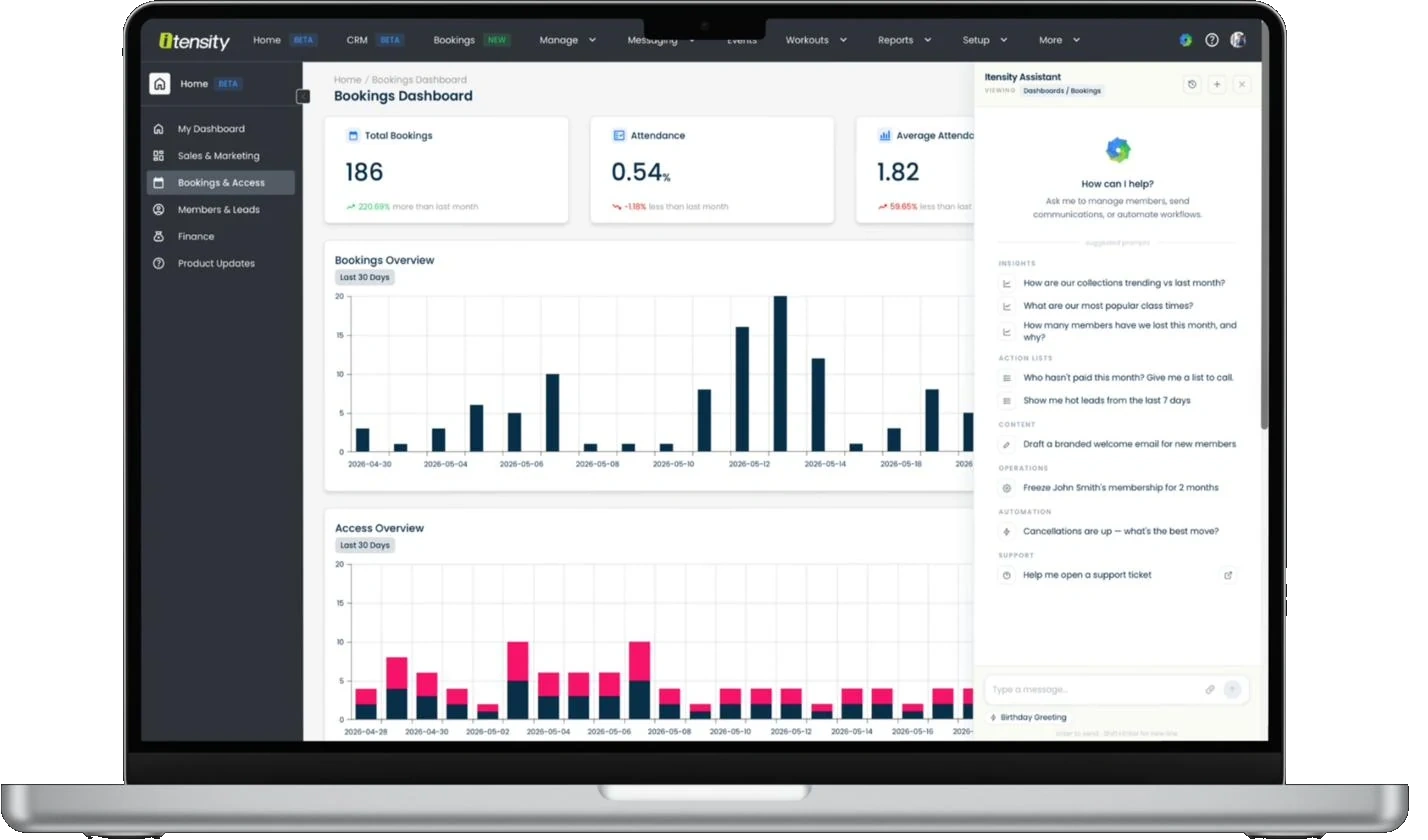Itensity Bookings Dashboard with AI Assistant sidebar