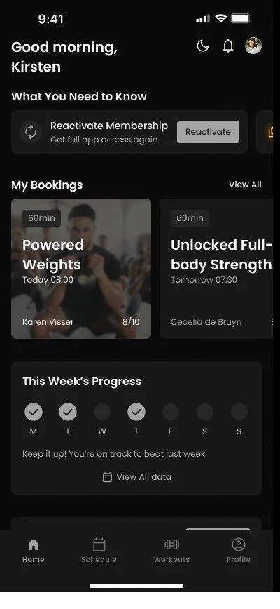 Itensity member app home screen