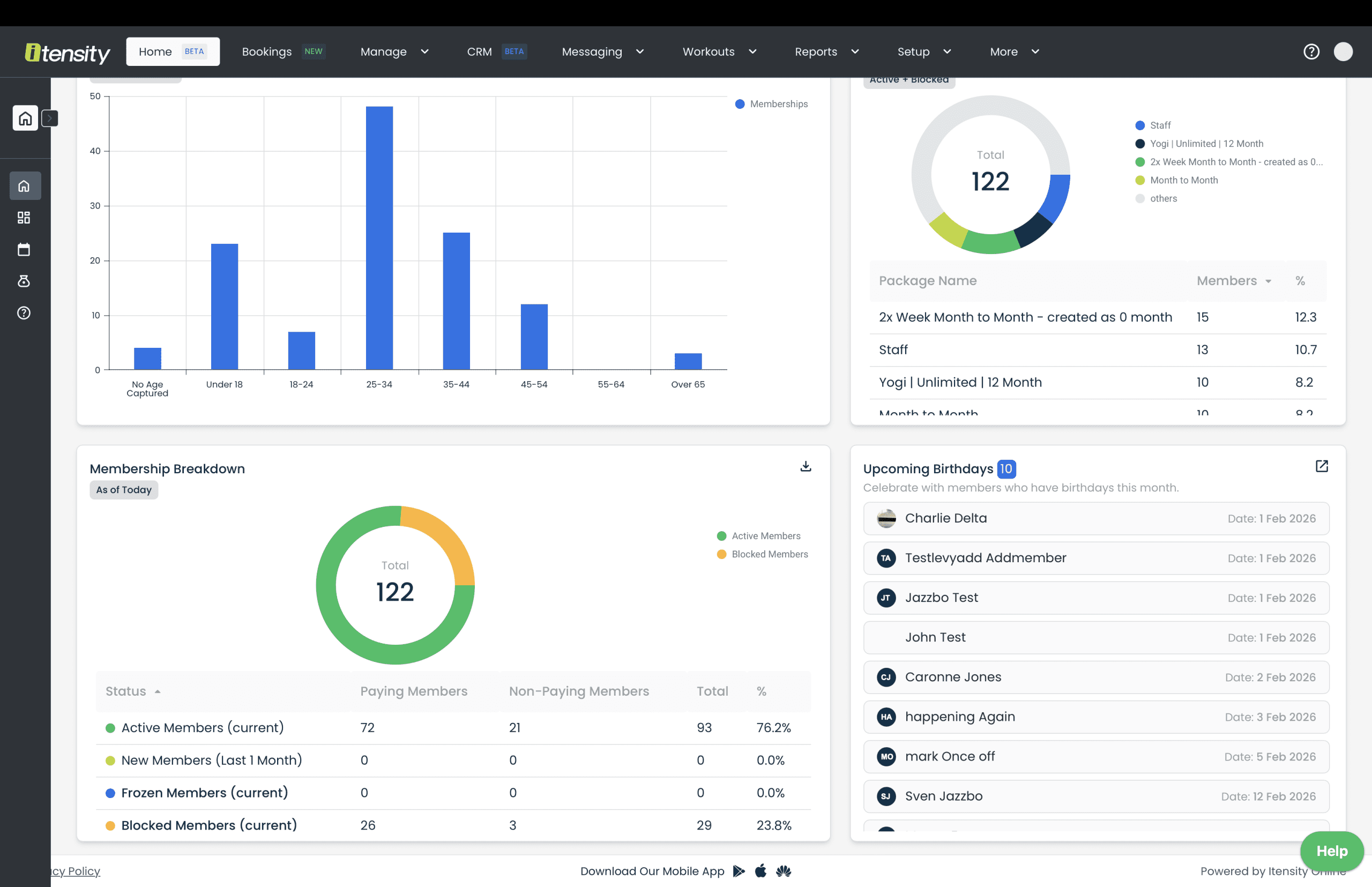 Gym analytics software showing member age brackets and membership breakdown dashboard for fitness business reporting
